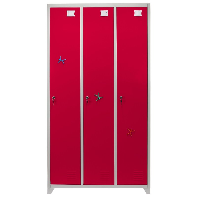 MonsterShop 3 Door Wide Steel Storage Lockers, Red & Grey Metal Lockable Unit, School Staff Gym Changing