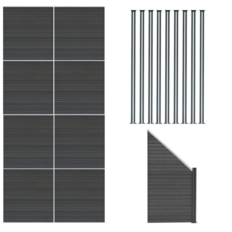 Composite Fence Panels, Angled Piece & LED Posts 6ft x 49ft - Grey