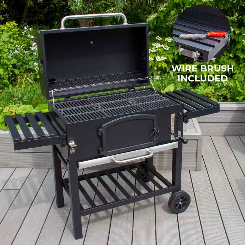 XXL BBQ Smoker Charcoal Barbecue Grill Portable Trolley Black Stainless Steel Adjustable Furnace Thermometer Side Shelves Hanging Hooks Bottle Opener Wheels Rain Cover Wire Brush Garden Patio Outdoor