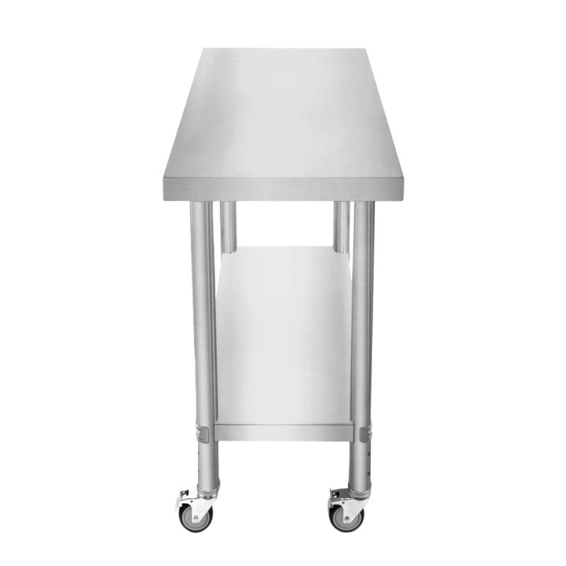 Catering Work Bench Table Stainless Steel Food Prep Kitchen Mobile 4 x Castor Wheels With 2 Brakes & 4 Adaptable Feet Adjustable Lower Shelf 3 Positions 160kg Load Capacity 76cm x 45cm x 86cm