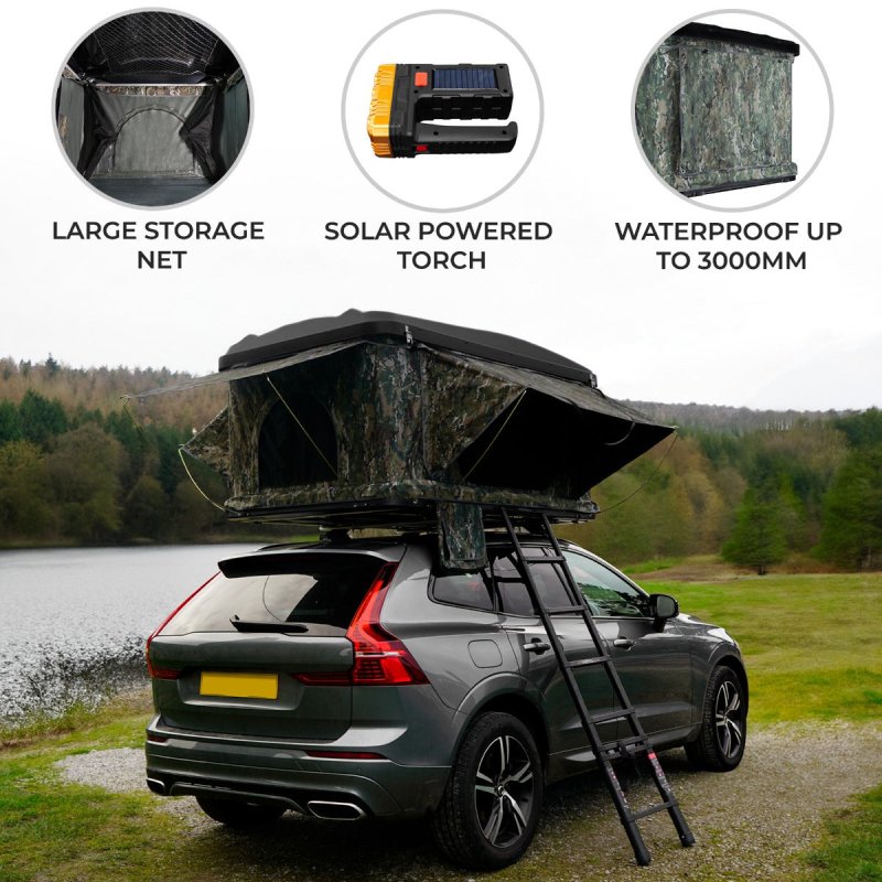 Car Roof Top Tent Camouflage Large Hard Shell Box Gas Assisted Pop Up Bunk 2-3 Person 3000mm Waterproof Camping Telescopic Ladder 5.5cm Mattress Boot Bags Anti Condensation FREE Storage Net & Torch