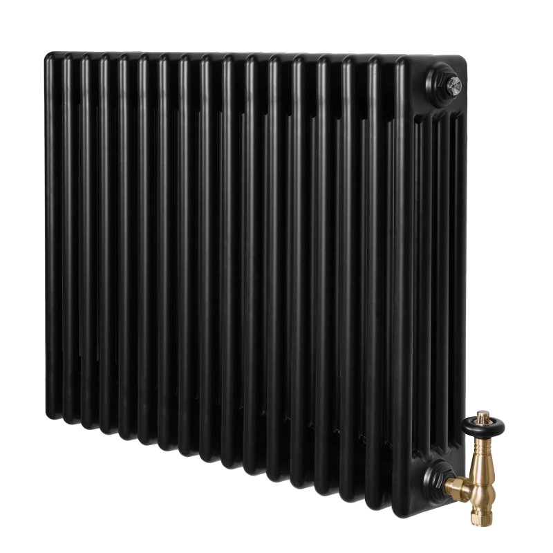Traditional 4 Column Radiator & Valves - 600 x 785mm - Black