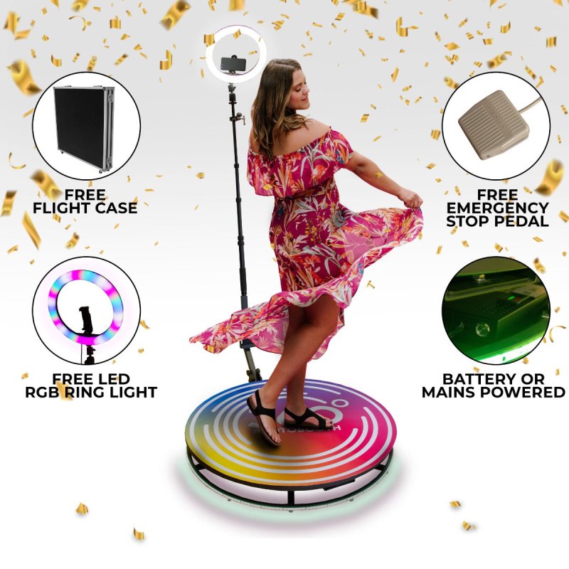 360 Photo Video booth 80cm Platform Rotating Selfie Spinner Party Wedding LED Ring Light Automatic Remote Control Bluetooth Adjustable Arm Slow Motion Battery or Mains Powered Flight Case Money Gun