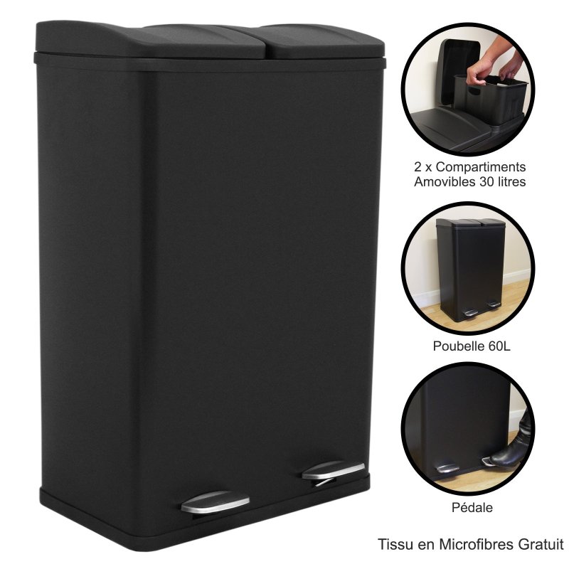 60L Black 2 in 1 Pedal Bin Metal Reycle Rubbish Trash Can Kitchen Waste Dual Compartment 2 x 30L Dual Dustbin Eco Garbage Large Heavy-duty