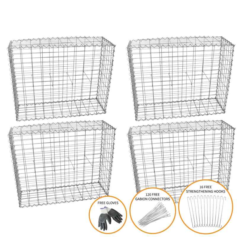 Monster Shop Gabion Baskets Galvanised Steel Cages Stone Mesh Wire Outdoor Basket Spiral Retaining Wall Planter Garden / 100 x 95 x 30cm / 4 Pack