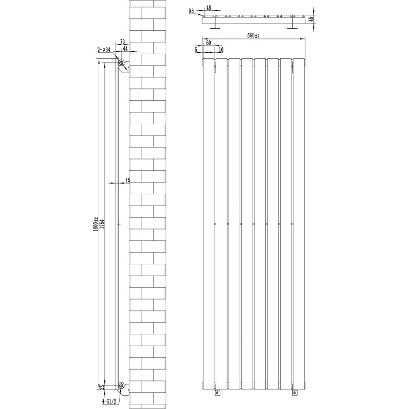 Flat Single Column Radiator & Valves - 1800mm x 560mm - Anthracite Grey