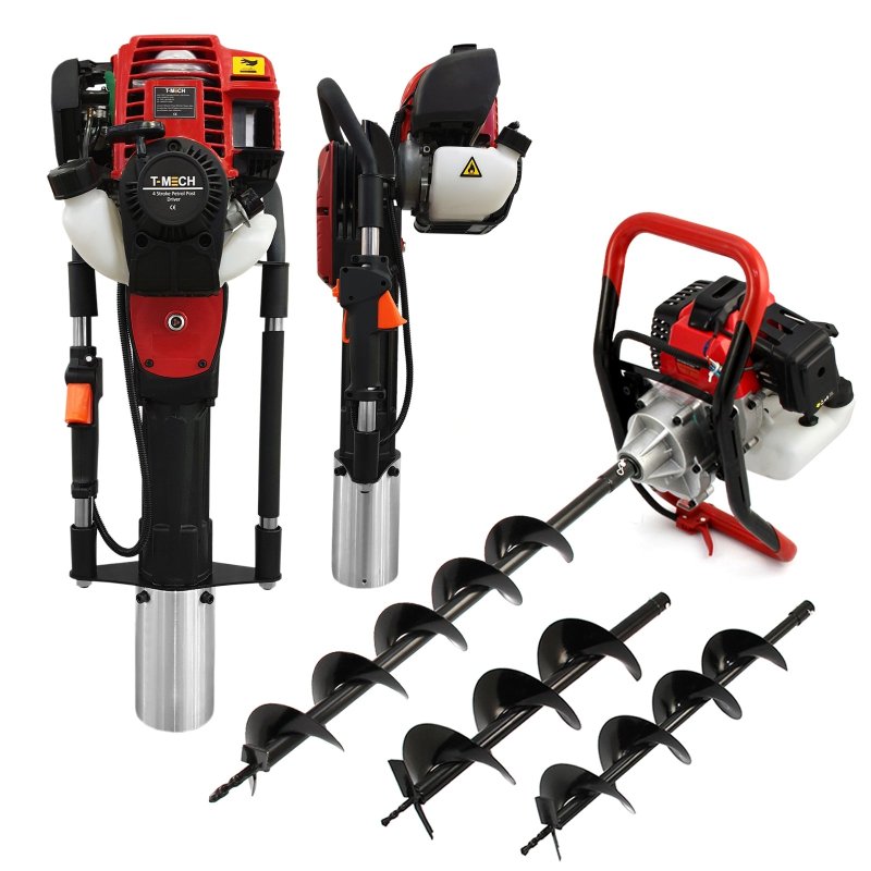 T-Mech Earth Auger and Petrol Post Driver Garden Post Hole Digger 52cc 40cc Posts Fence knocker Driving Picket Fencing Ramming 2-Stroke 4-Stroke