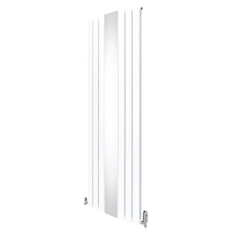 Flat Panel Radiator With Mirror 1800mm x 565mm & TRV Chrome Valves Designer Double Column Vertical White Carbon Steel Wall Mounted Kitchen Living Room Cleaning Brush Fixing Kit & Brackets