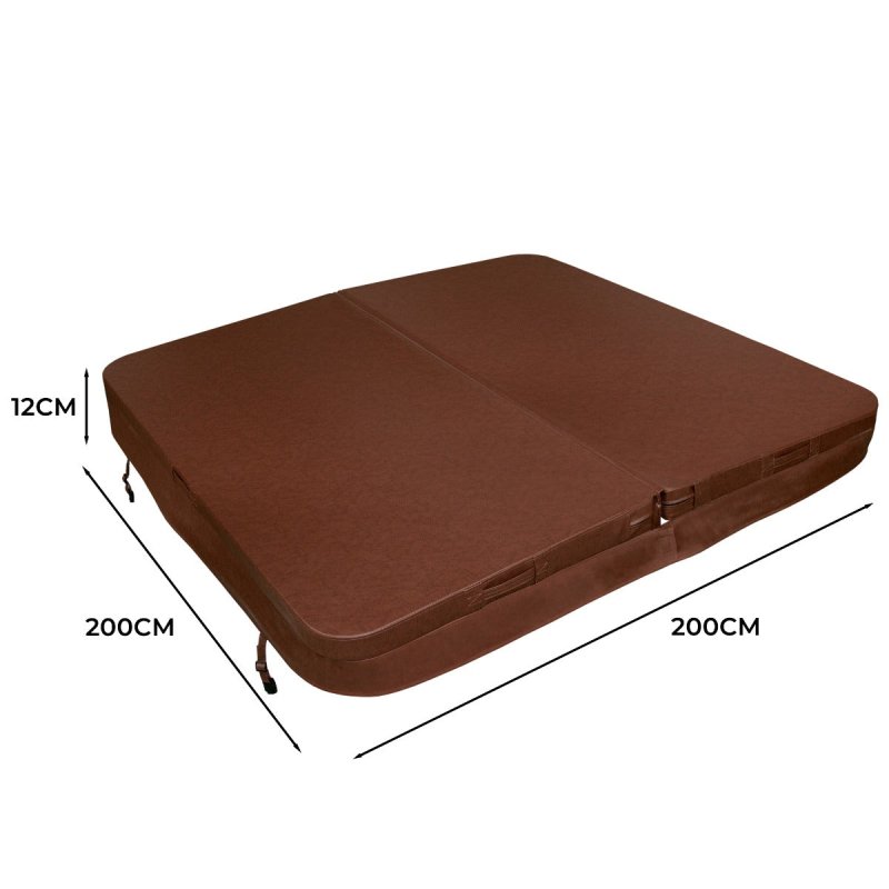 Hot Tub Cover Spa Lid 2m x 2m Square Brown Hard Top Weatherproof PVC Leather Foam 25KG/m3 Density Galvanized C-Channel UV Mildew Flame Resistant 4 x Lock Down Straps With Keys 6 x Lifting Handles