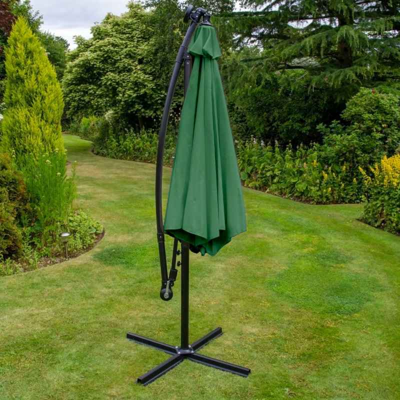 Green LED Cantilever Parasol 3m Banana Hanging Umbrella Garden Sun Shade Canopy Patio Outdoor 360 Rotation Tilt UV Protection Winding Crank 24 Solar Powered Cool White LED Lights Waterproof Rain Cover