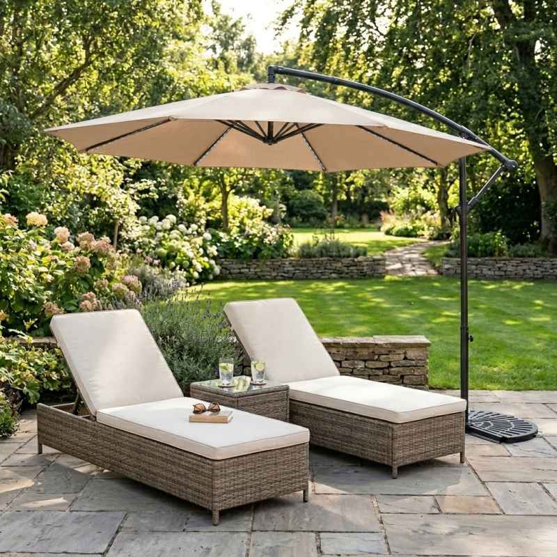 LED Cantilever Parasol 3m With Half Fan Base - Beige