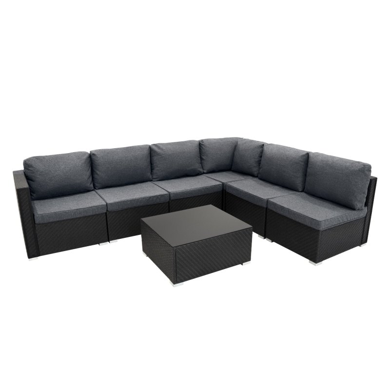 Rattan Garden Corner Furniture Set Outdoor Premium 7 PC Black 5 Seater Modular Sofa Chairs With Cushions Glass Top Coffee Table UV Protected Metal