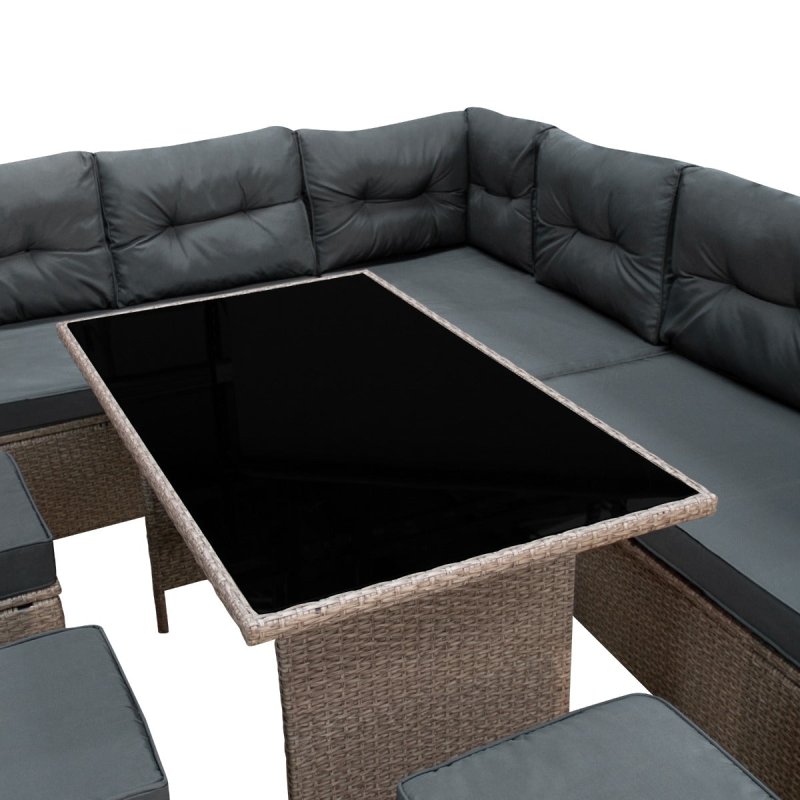 Rattan Corner Dining Set Outdoor Garden Furniture Grey 9-Seater L Shape Sofa Stools Tempered Glass Table UV Protected Waterproof Grey Seat Back Cushions Patio Conservatory Lounge FREE Rain Cover