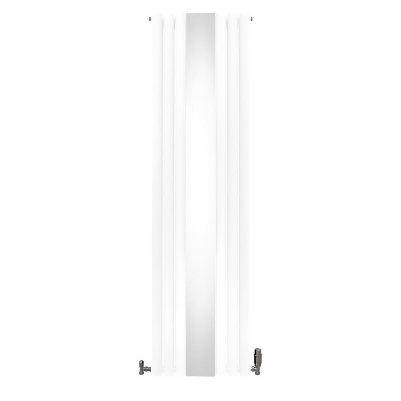 Oval Panel Radiator With Mirror 1800mm x 500mm & TRV Chrome Valves Designer Double Column Vertical White Carbon Steel Wall Mounted Kitchen Living Room Cleaning Brush Fixing Kit & Brackets