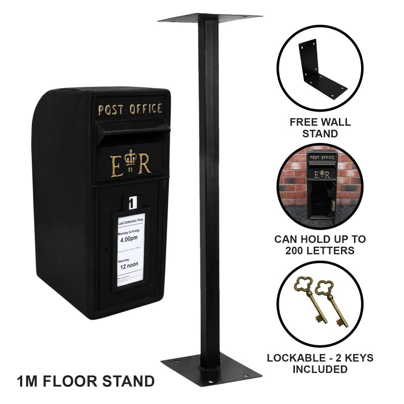 Royal Mail Post Box with Floor Stand ER Cast Iron Wall Mounted Wedding Authentic Pillar Replica Lockable Post Office Letter Box Black