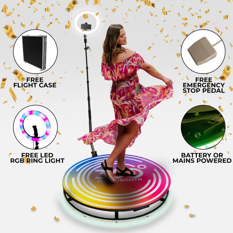 360 Photo Video booth 115cm Platform Rotating Selfie Spinner Party Wedding LED Ring Light Automatic Remote Control Bluetooth Adjustable Arm Slow Motion Battery or Mains Powered Flight Case Money Gun