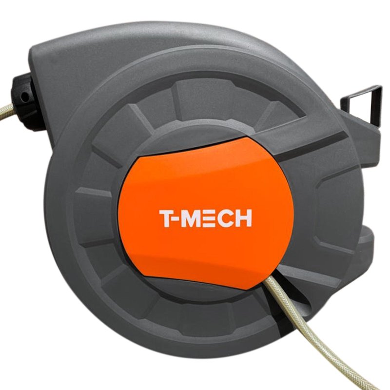 T-Mech Auto Rewind Hose Reel 30m + 2m, Wall-Mounted 8 Spray Nozzle Gun, Neat Retractable Hose-Pipe With Bracket And Fixings, 180?? pivot