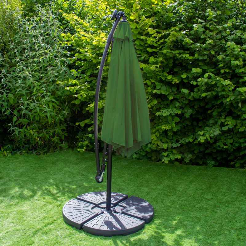 Green LED Cantilever Parasol 3m Banana Hanging Umbrella Garden Sun Shade Canopy Patio 360 Rotation Tilt UV Protection Winding Crank 24 Solar Powered Cool White LED Lights Waterproof Rain Cover & Base