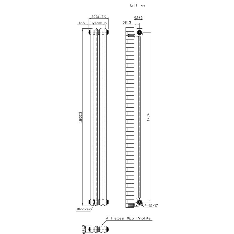 Traditional 2 Column Radiator - 1800 x 200mm - Raw Metal
