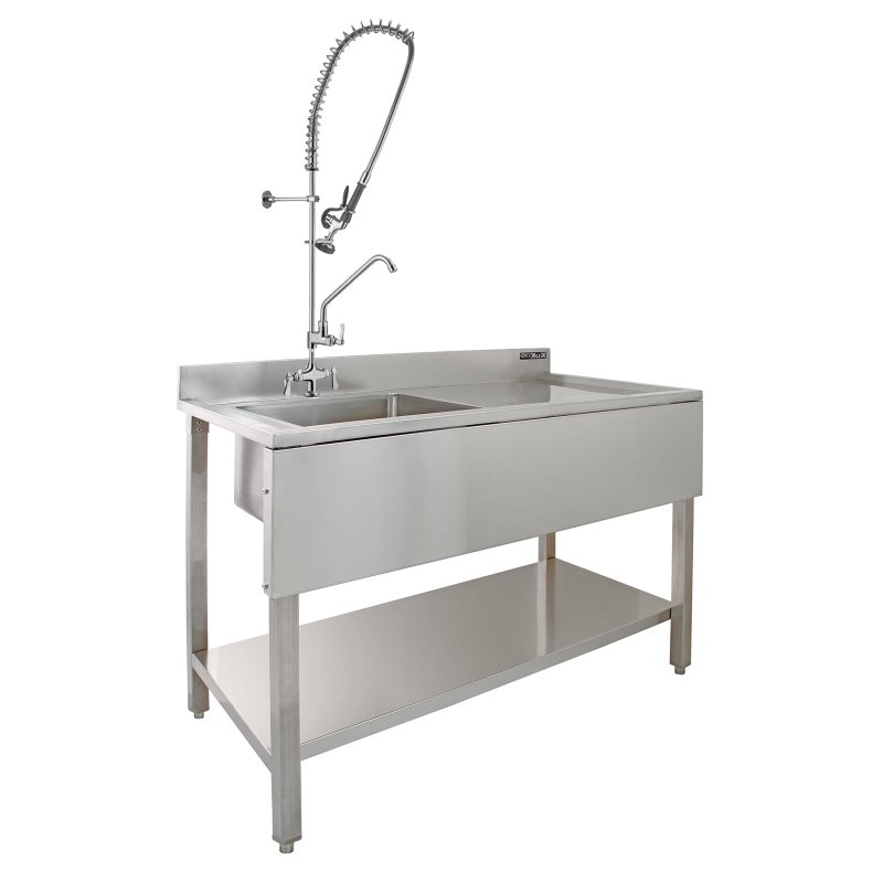KuKoo Commercial Kitchen Catering Sink & Pre-Rinse Mixer Tap, RH Drainer Stainless Steel, 1.0 Bowl, 120cm Wide