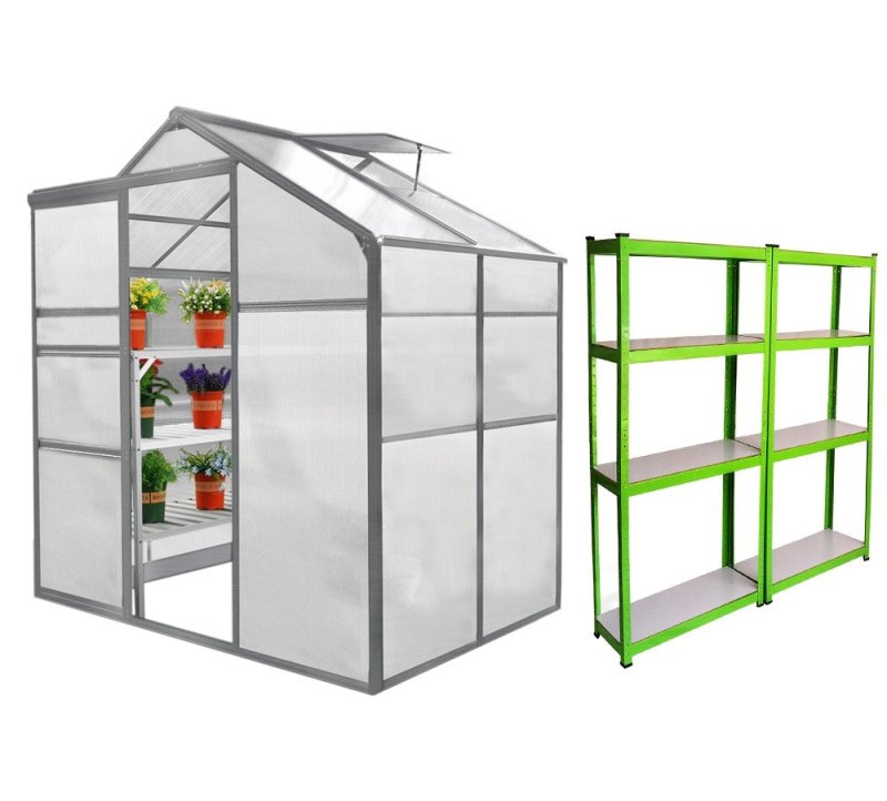 Greenhouse Polycarbonate, Clear, Aluminium Frame, With 2 x Water-resistant Racks, Silver, Growhouse with Window & Sliding Door 6ft x 4ft