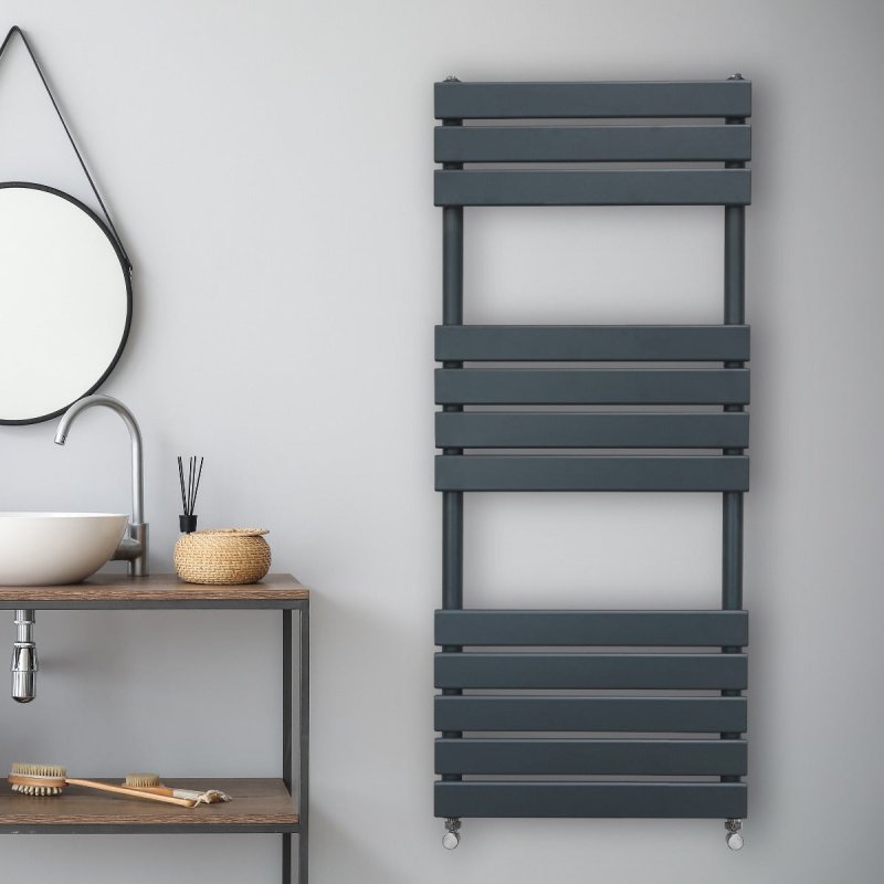 Vertical Towel Radiator Designer Flat Panel 1200mm x 450mm Bathroom Heated Rail Matt Anthracite Grey Central Heating Ladder Heater Wall Mounted Carbon Steel FREE Cleaning Brush Fixing Kit & Brackets