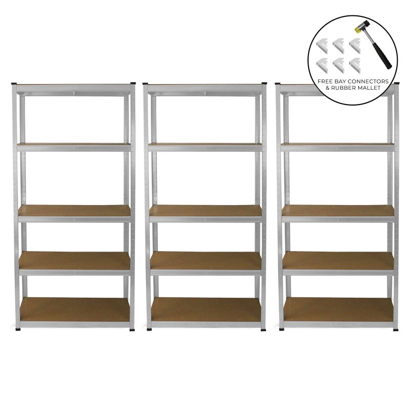 3 Garage Shelving Units 5 Tier Racking Storage Warehouse Bays Industrial Heavy Duty Boltless Galvanised Steel Shelves / FREE Rubber Mallet & Bay Connectors
