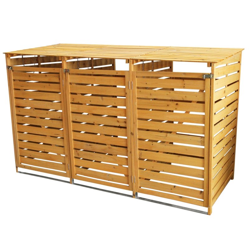 Triple Wheelie Bin Store Strong Wooden Shed Recycling Store Natural Timber Lockable Latched Hinged Firewood Garden Tools Storage FREE Fixing Kit 120cm (H) x 198cm (W) x 81cm (D)