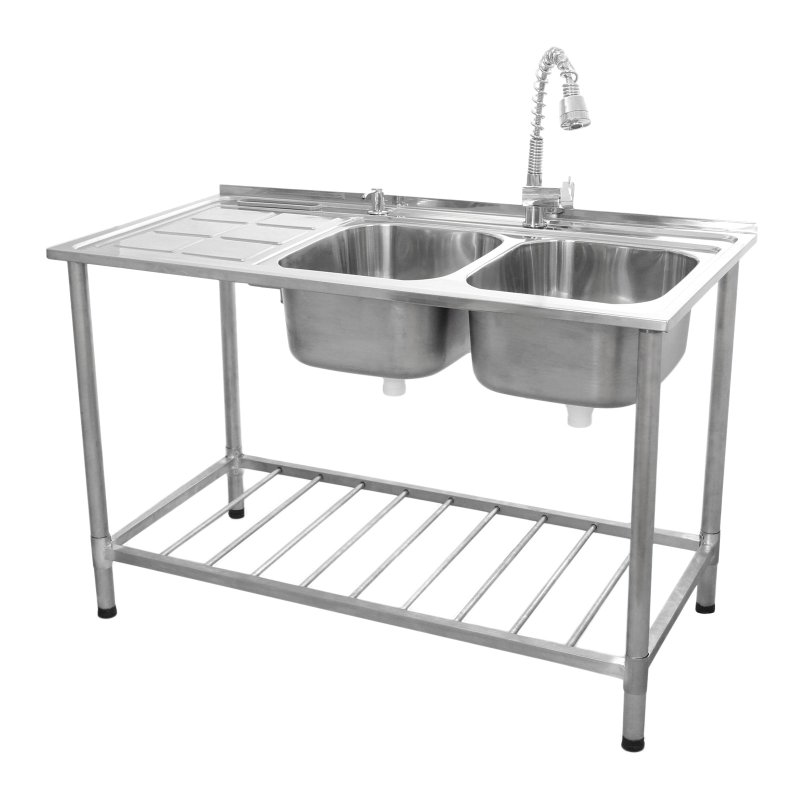 Catering Sink Stainless Steel Kitchen Commercial Restaurant Double Bowl Storage Shelf Unit & Tap  / Left Hand Drainer