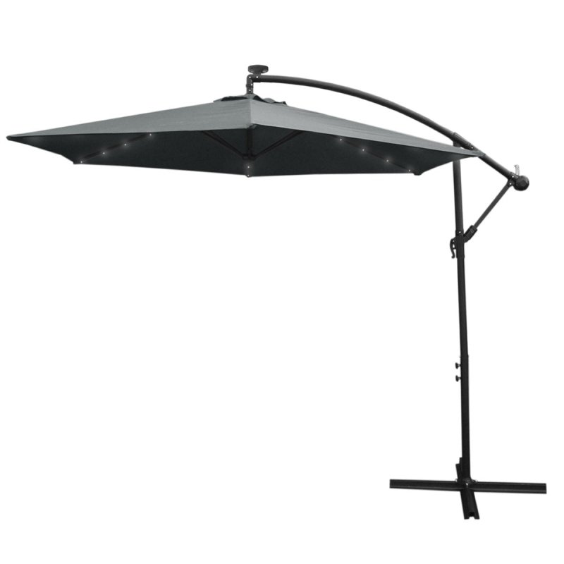 Grey LED Cantilever Parasol 3m Banana Hanging Umbrella Garden Sun Shade Canopy Patio Outdoor 360 Rotation Tilt UV Protection Winding Crank 24 Solar Powered Cool White LED Lights Waterproof Rain Cover