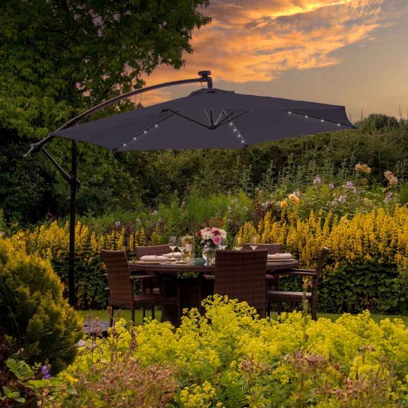 LED Cantilever Parasol 3m Grey Banana Hanging Umbrella Garden Sun Shade Canopy Patio 360 Rotation Tilt UV Protection Winding Crank 24 Solar Powered Cool White Lights FREE Rain Cover & Square Base