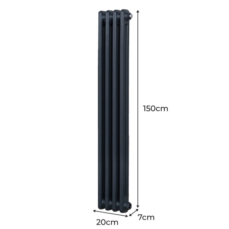 Traditional 2 Column Radiator 1500mm x 202mm Modern Central Heating Heater Matt Anthracite Grey Carbon Steel Vertical Wall Mounted Kitchen Living Room Bathroom Cleaning Brush Fixing Kit & Brackets