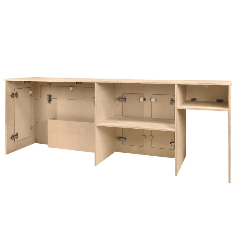 Camper Van Kitchen Pod RHD Conversion Unit Flat Pack Motorhome Campervan Furniture Foldaway Table Built In Storage Cupboards Fridge Space Towel Holder 15mm Birch Plywood SWB VW T5 & T6 Transporters