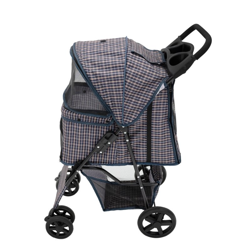 Pet Stroller Pushchair & Caddy Bag Organiser Detachable Blue Tartan Foldable Carrier 15kg Capacity Wheels Brakes Dog Hook Leash Canopy Mesh Windows Basket Cup Holders Pockets & Waterproof Rain Cover