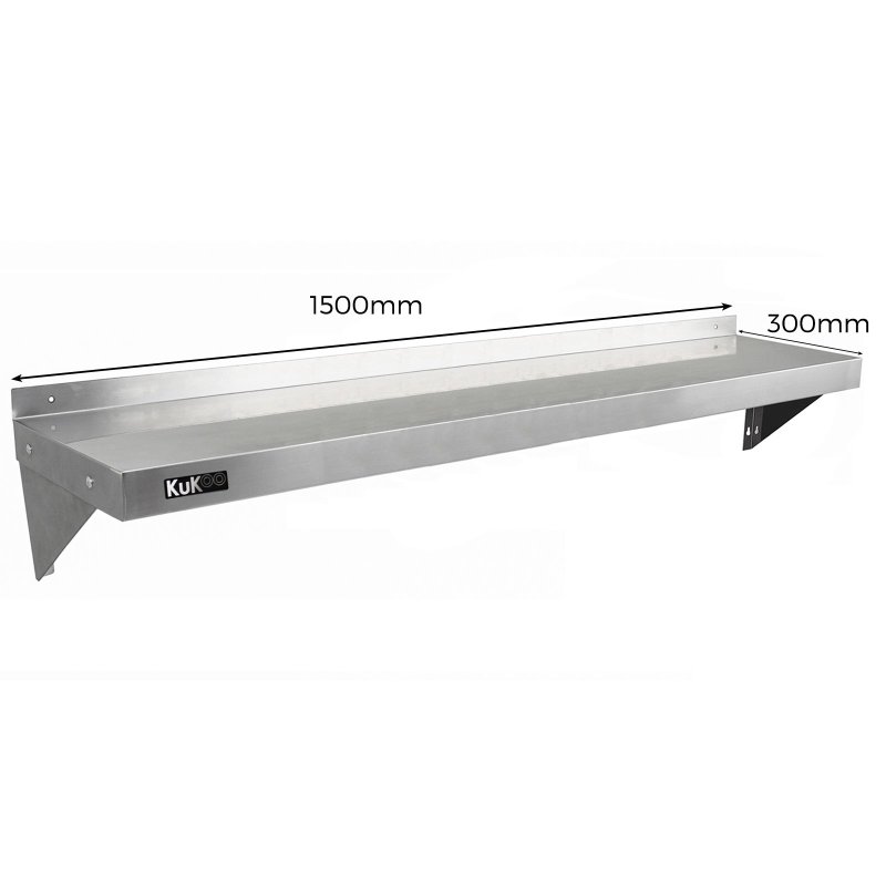 KuKoo Commercial Catering Corrosion Resistant x 2 Stainless Steel Kitchen Wall Shelf & Free Microfiber Cloths 1500mm x 300mm