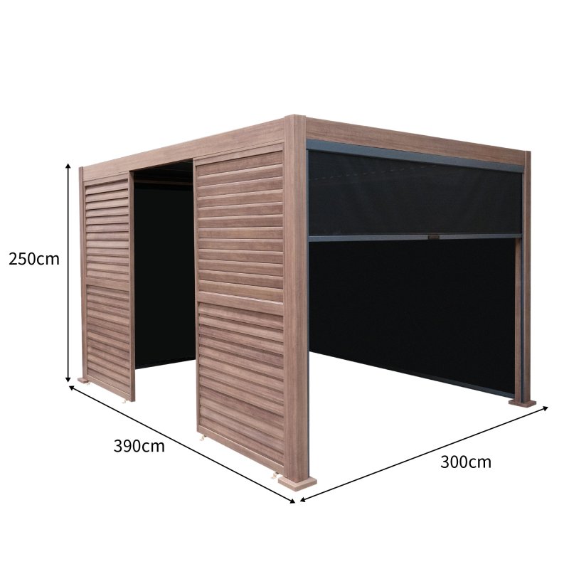 Wood Effect Aluminium Pergola With Blinds, 2 x Side Panels & LED Lights - 4m x 3m