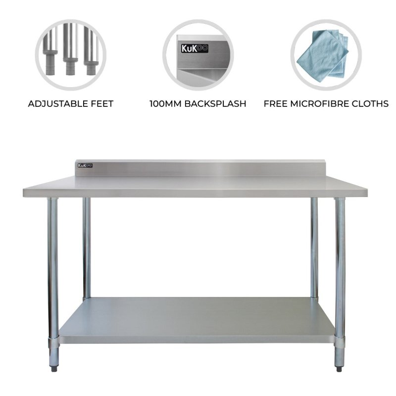 4FT Kitchen Work Bench Catering Table Commercial Stainless Steel Food Prep Surface Restaurant Storage Shelf 250kg Weight Capacity Adjustable Height 10cm Backsplash Upstand 2 x FREE Microfibre Cloths