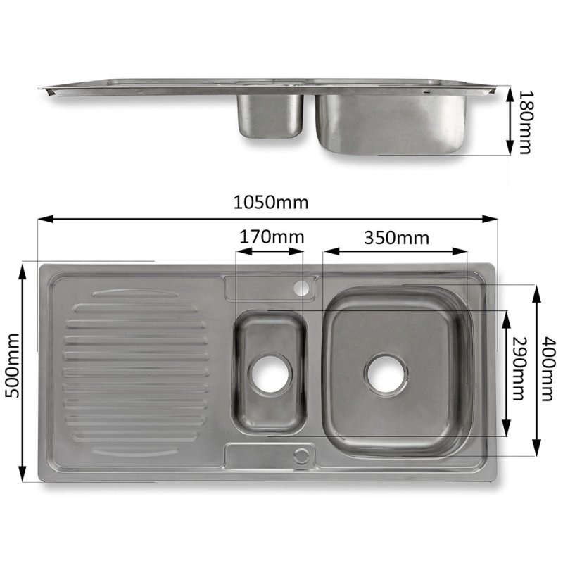 KuKoo Stainless Steel Kitchen Sink Basin & Padstow Tap, Reversible, 105cm x 18cm x 50cm