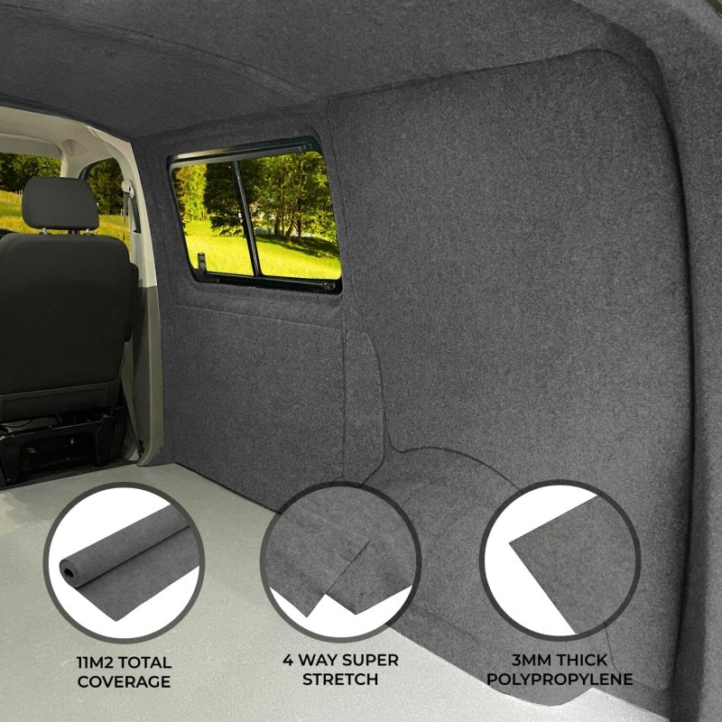 Camper Van Lining Carpet Smoke Grey 4 Way Super Stretch 2m Wide 5.5m Long 11m2 Coverage Car Motorhome Vehicle Interior Campervan Conversion Kit Trim Bleachable Polypropylene Fits any Make or Model