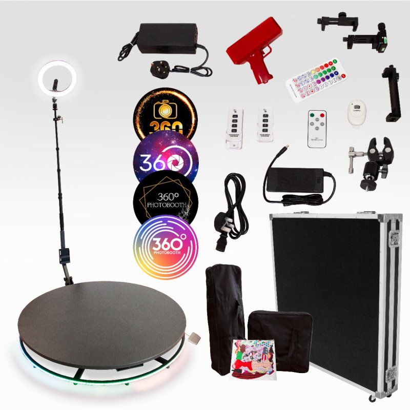 360 Photo Video booth 115cm Platform Rotating Selfie Spinner Party Wedding LED Ring Light Automatic Remote Control Bluetooth Adjustable Arm Slow Motion Battery or Mains Powered Flight Case Money Gun