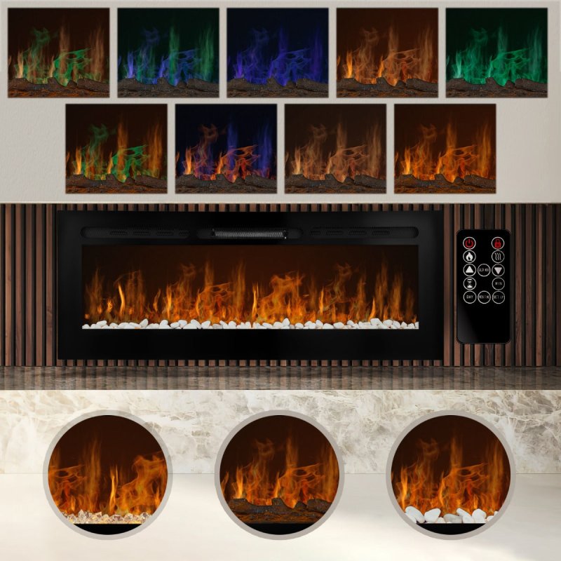 Electric Wall Mounted Inset LED Black Fireplace Free Standing 50" 950W 1850W 12 Colours Timer Remote Adjustable Brightness Pebbles Clear Crystals Log Effect 3D Flame 15 – 35 Degrees C Fixing Kit