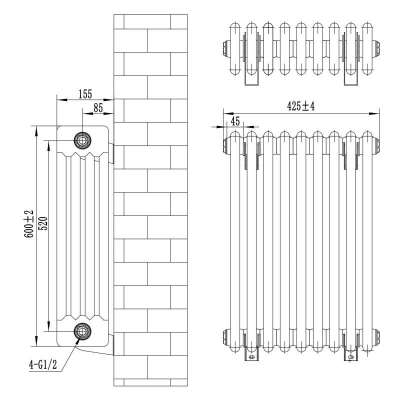 Traditional 4 Column Radiator - 600 x 425mm - Anthracite Grey