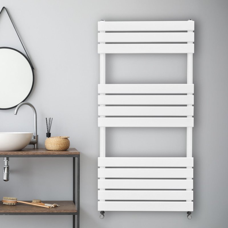Vertical Towel Radiator Designer Flat Panel 1200mm x 600mm Bathroom Heated Rail Gloss White Central Heating Ladder Heater Wall Mounted Carbon Steel FREE Cleaning Brush Fixing Kit & Brackets