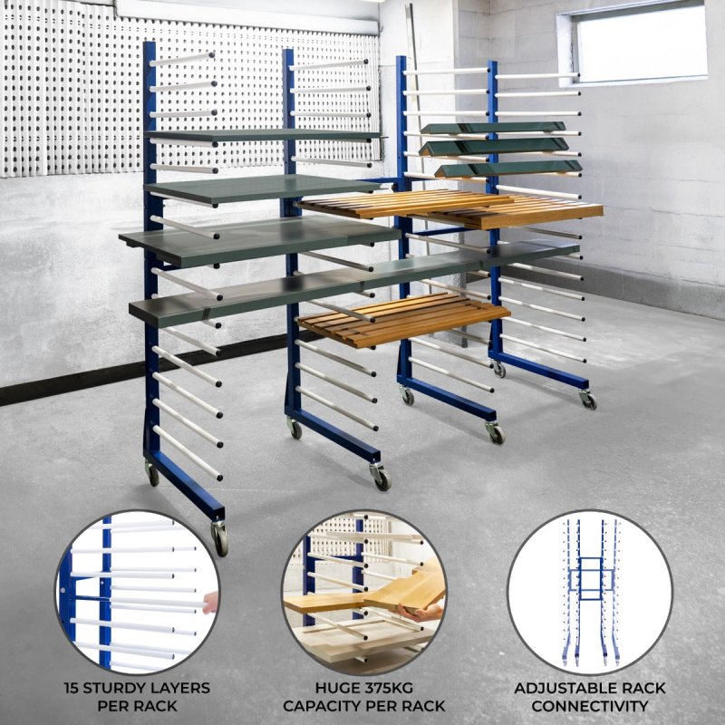 5 Spray Drying Rack Trolleys Bundle 15 Layers, 25kg Capacity per Layer, 4 x 2-Way Connectors, Adjustable Width, Heavy-Duty Castor Wheels, Powder-Coated Steel Design