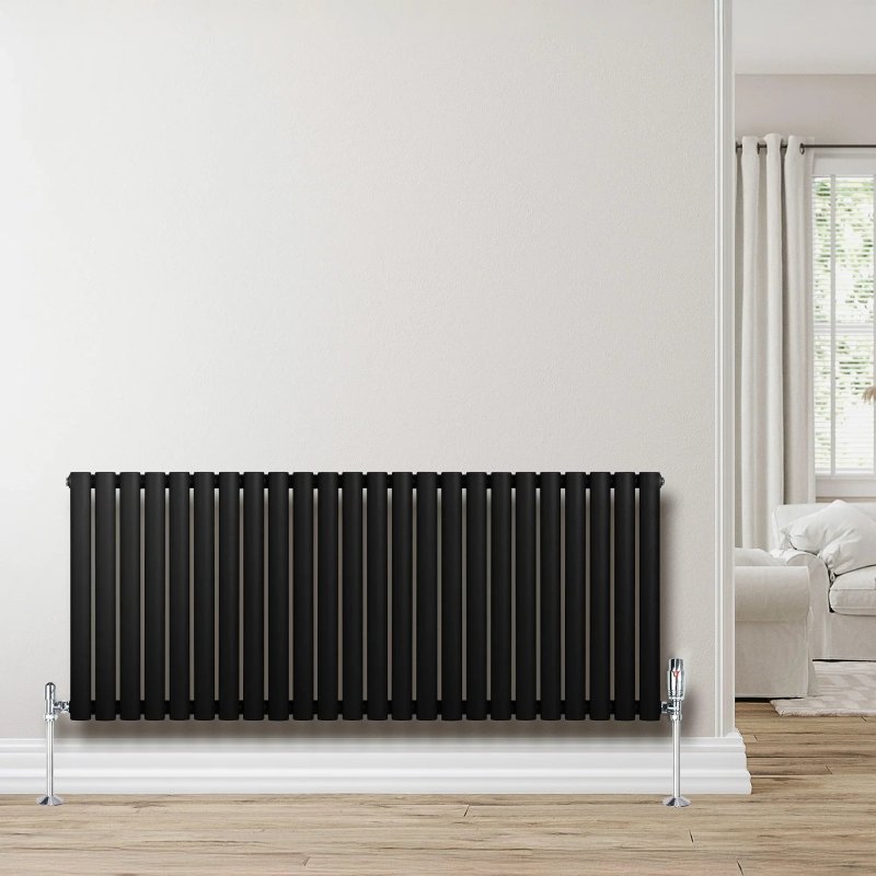 Oval Single Column Radiator & Valves - 600mm x 1440mm - Black