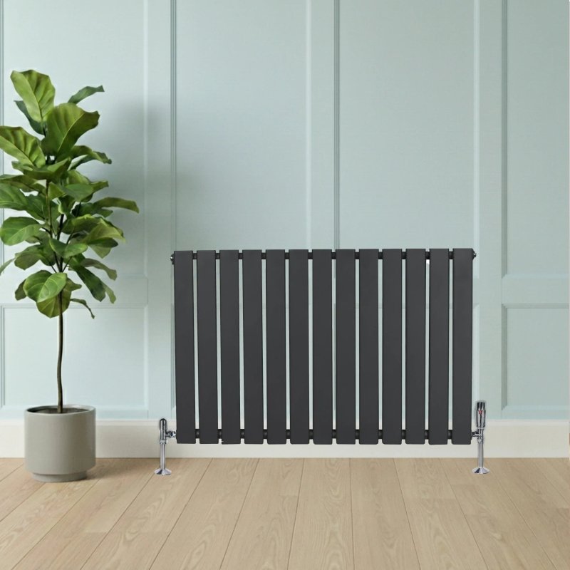 Flat Single Column Radiator & Valves - 600mm x 910mm - Anthracite Grey