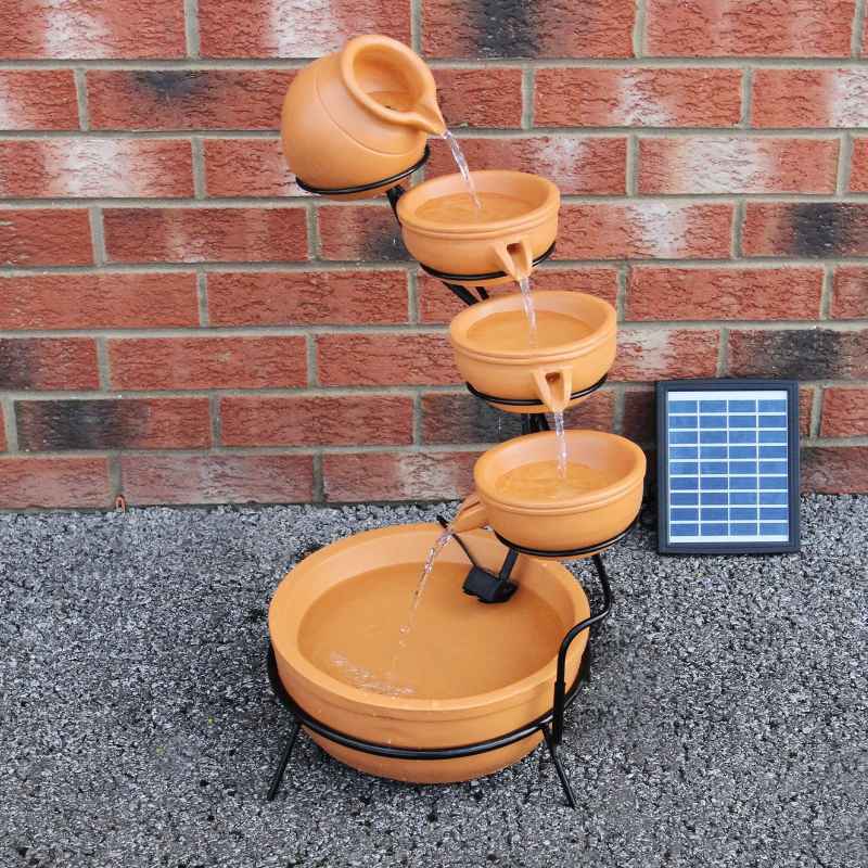 Water Feature Garden Fountain Solar Powered Outdoor Garden Cascade Ornament D̩ecor Patio Resin Terracotta Freestanding Cascading 4 Tier Spilling Bowls