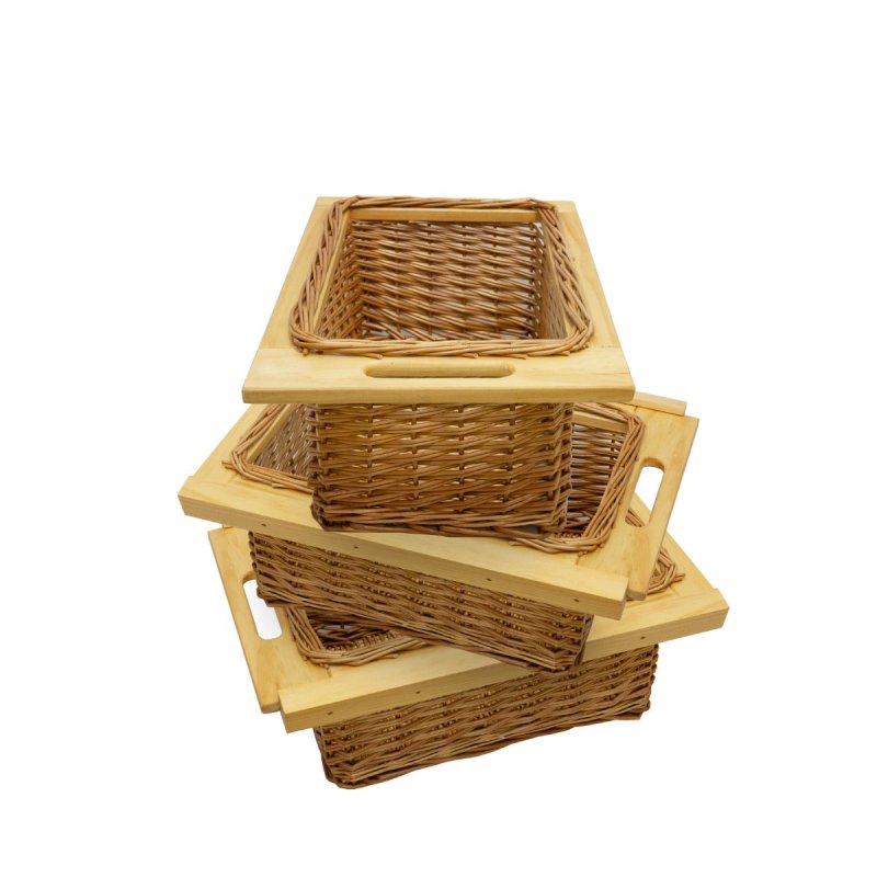 3 x Pull out Wicker Basket Drawer 400mm Kitchen Storage Solution Larder Base Unit Cupboard with Handle Rustic Beech Wood Farmhouse Style 100% Handmade Rattan FREE Fixing Kit Included