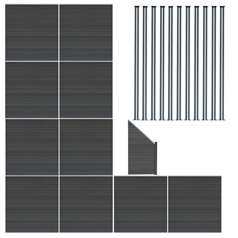 Composite Fence Panels, Angled Piece & LED Posts 6ft x 60ft - Grey