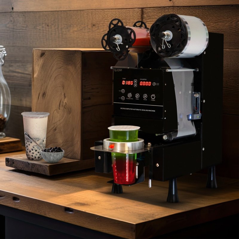 Cup Sealing Machine Electric 500W Fully Automatic Control LCD Panel Commercial Stainless Steel Black Bubble Milk Tea Coffee Smoothies Plastic Paper 90mm 95mm Diameter FREE Film Roll 500-650 Cups Hour